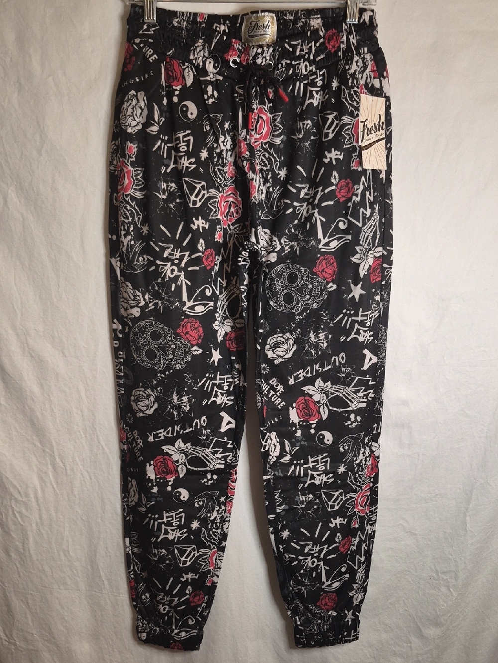 fresh Black Joggers with Red Rose & White Graffiti Print